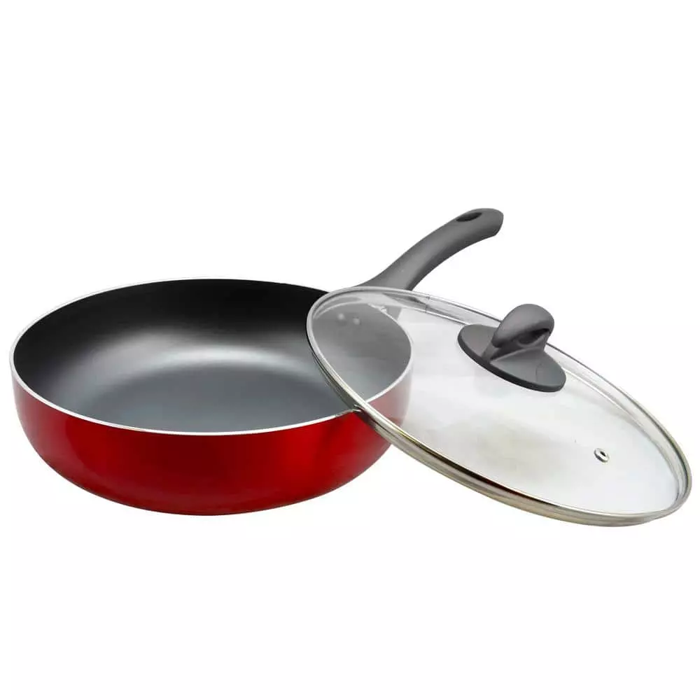 Herscher 3.5 qt. Aluminum Nonstick Saute Pan in Red Gloss with Glass Lid by Oster 4 Herscher 3.5 qt. Aluminum Nonstick Saute Pan in Red Gloss with Glass Lid by Oster - Image 2