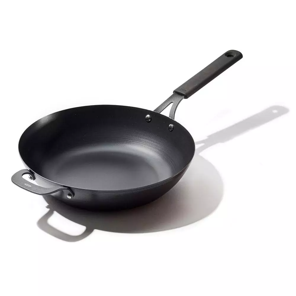 Obsidian 12 in. Pre-Seasoned Carbon Steel Induction Safe Wok with Silicone Sleeve and Helper Handle in Black by OXO 3 Obsidian 12 in. Pre-Seasoned Carbon Steel Induction Safe Wok with Silicone Sleeve and Helper Handle in Black by OXO