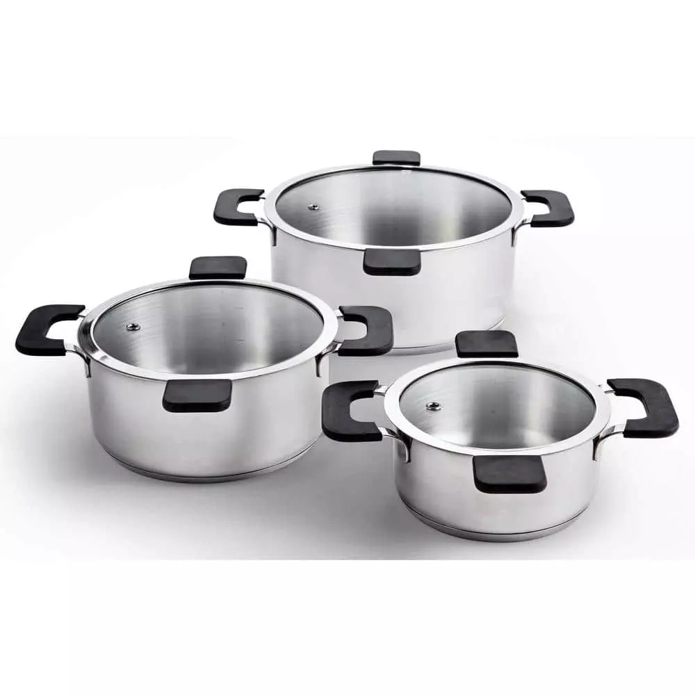 6-Piece Stainless Steel Inductive Pot Set with Straining and Hands-Free Glass Lids by Ozeri 3 6-Piece Stainless Steel Inductive Pot Set with Straining and Hands-Free Glass Lids by Ozeri