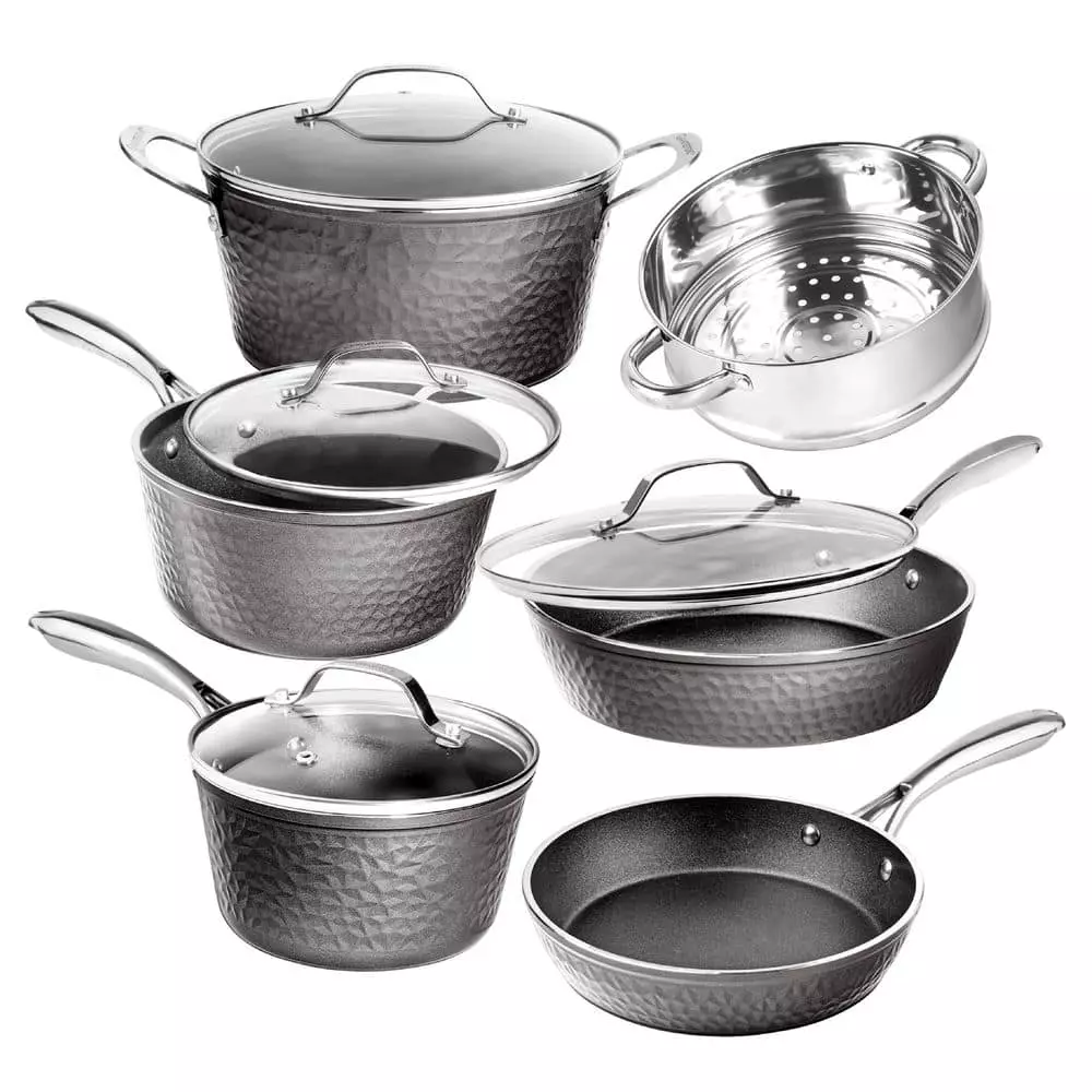10-Piece Aluminum Hammered Ultra-Durable Non-Stick Diamond Infused Cookware Set in Pewter by GRANITESTONE 3 10-Piece Aluminum Hammered Ultra-Durable Non-Stick Diamond Infused Cookware Set in Pewter by GRANITESTONE