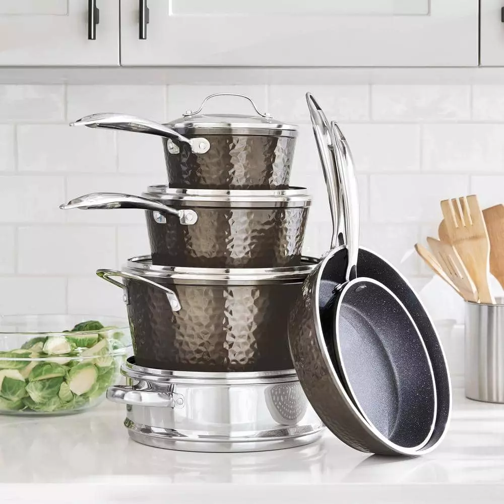 10-Piece Aluminum Hammered Ultra-Durable Non-Stick Diamond Infused Cookware Set in Pewter by GRANITESTONE 5 10-Piece Aluminum Hammered Ultra-Durable Non-Stick Diamond Infused Cookware Set in Pewter by GRANITESTONE - Image 3