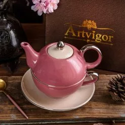 1-Piece Porcelain Tea Pot Pink Tea Pot Teacup and Saucer Set by Artvigor -Cookware Sales Shop pink artvigor tea kettles art cc009 76 1000