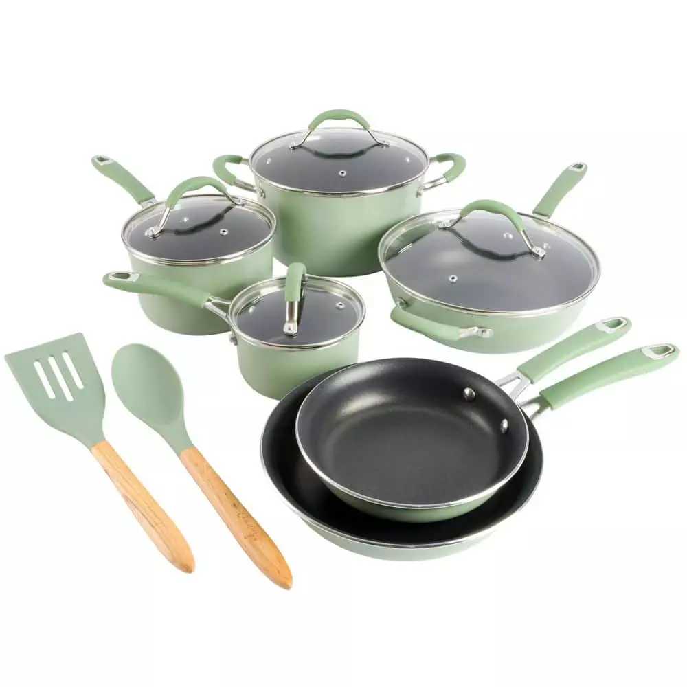 12-Piece Nonstick Aluminum Cookware Set in Pistachio with Silicone Handles by Unbranded 3 12-Piece Nonstick Aluminum Cookware Set in Pistachio with Silicone Handles by Unbranded
