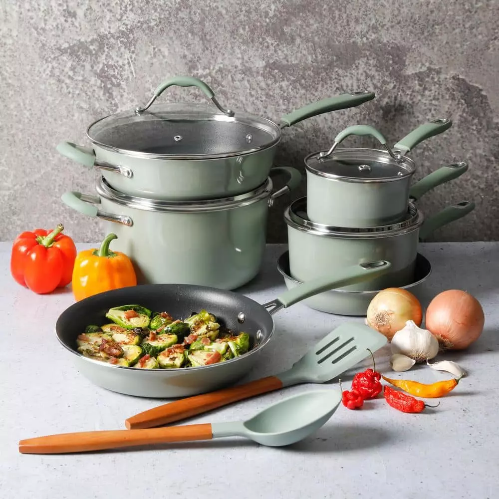 12-Piece Nonstick Aluminum Cookware Set in Pistachio with Silicone Handles by Unbranded 4 12-Piece Nonstick Aluminum Cookware Set in Pistachio with Silicone Handles by Unbranded - Image 2
