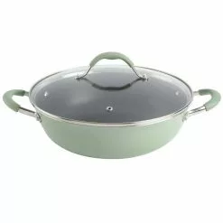 5 qt. Enameled Aluminum Everyday Pan in Pistachio With Silicone Handles by Unbranded