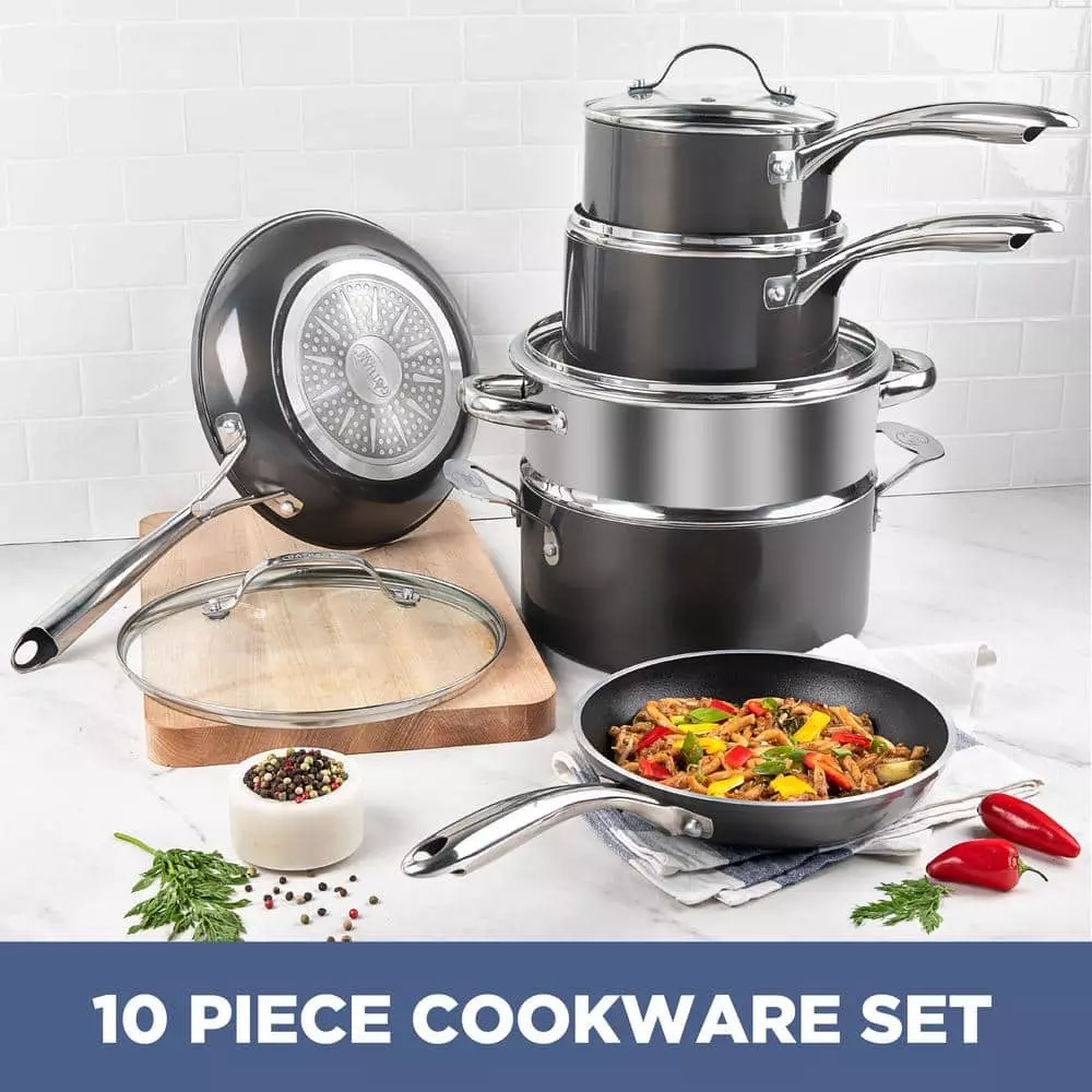 10-Piece Cast-Textured Aluminum Ti-Ceramic Nonstick Cookware Set in Platinum by Gotham Steel 4 10-Piece Cast-Textured Aluminum Ti-Ceramic Nonstick Cookware Set in Platinum by Gotham Steel - Image 2