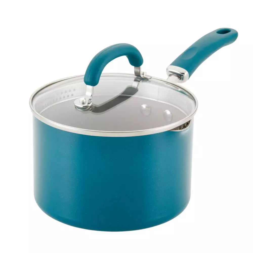 3 qt. Teal Create Delicious Aluminum Nonstick Straining Saucepan Shimmer by Rachael Ray 3 3 qt. Teal Create Delicious Aluminum Nonstick Straining Saucepan Shimmer by Rachael Ray