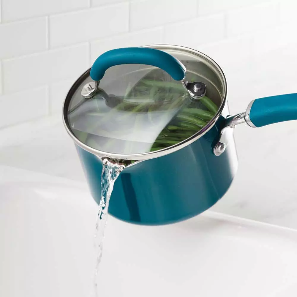 3 qt. Teal Create Delicious Aluminum Nonstick Straining Saucepan Shimmer by Rachael Ray 4 3 qt. Teal Create Delicious Aluminum Nonstick Straining Saucepan Shimmer by Rachael Ray - Image 2