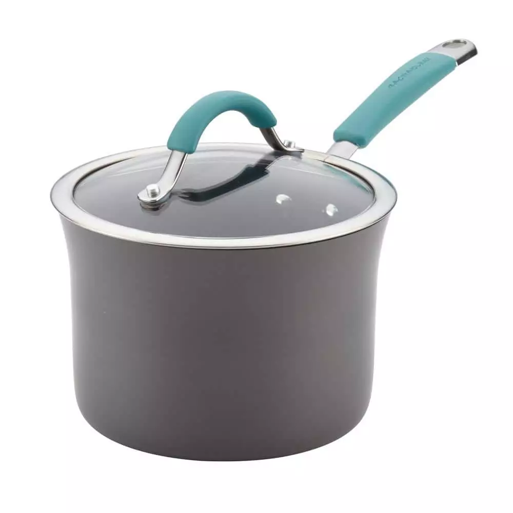 Cucina 3 qt. Aluminum Nonstick Sauce Pan in Agave Blue with Glass Lid by Rachael Ray 3 Cucina 3 qt. Aluminum Nonstick Sauce Pan in Agave Blue with Glass Lid by Rachael Ray