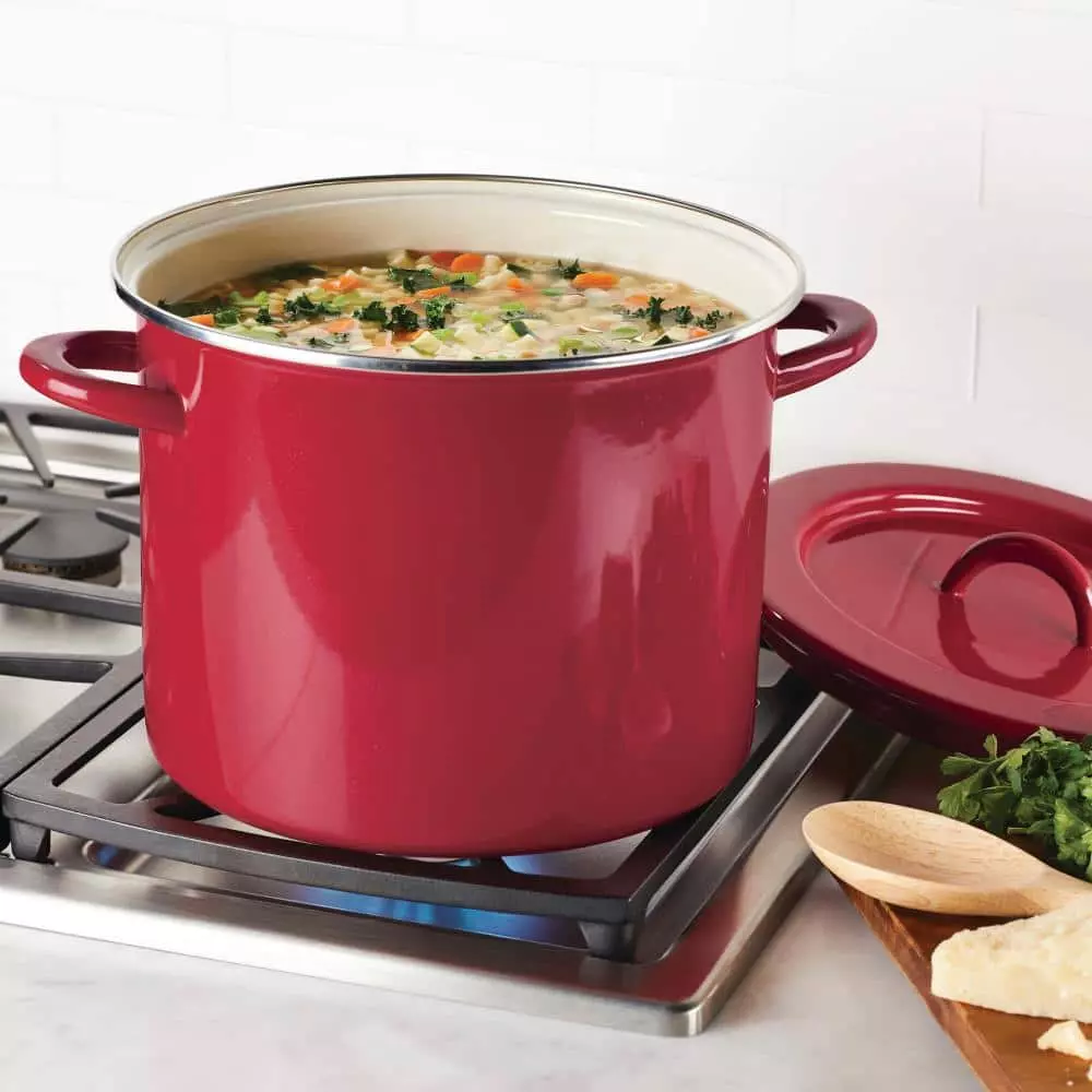 Create Delicious 12 qt. Steel Stock Pot in Red Shimmer with Lid by Rachael Ray 6 Create Delicious 12 qt. Steel Stock Pot in Red Shimmer with Lid by Rachael Ray - Image 4