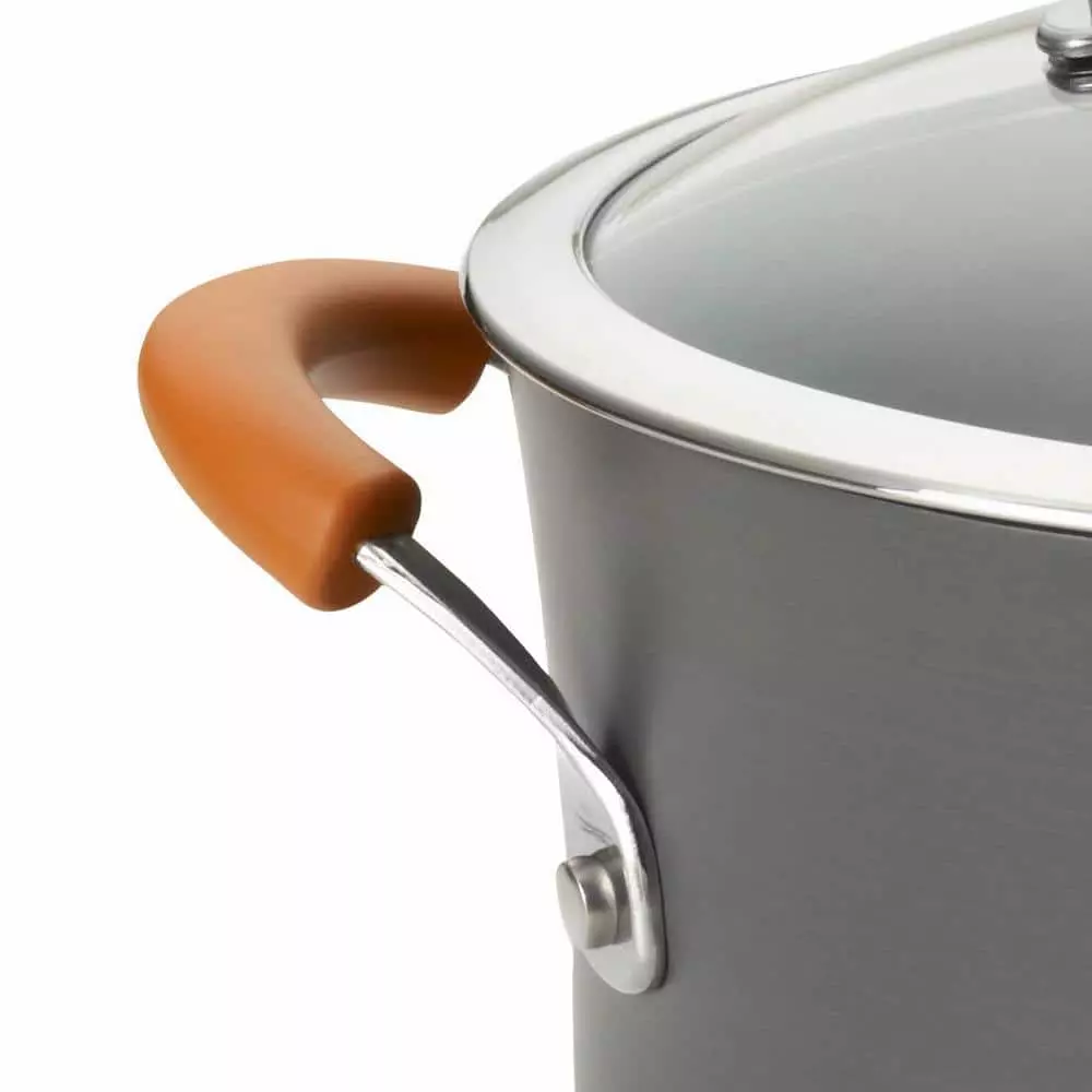 Classic Brights 8 qt. Hard-Anodized Aluminum Nonstick Stock Pot in Orange and Gray with Glass Lid by Rachael Ray 11 Classic Brights 8 qt. Hard-Anodized Aluminum Nonstick Stock Pot in Orange and Gray with Glass Lid by Rachael Ray - Image 9