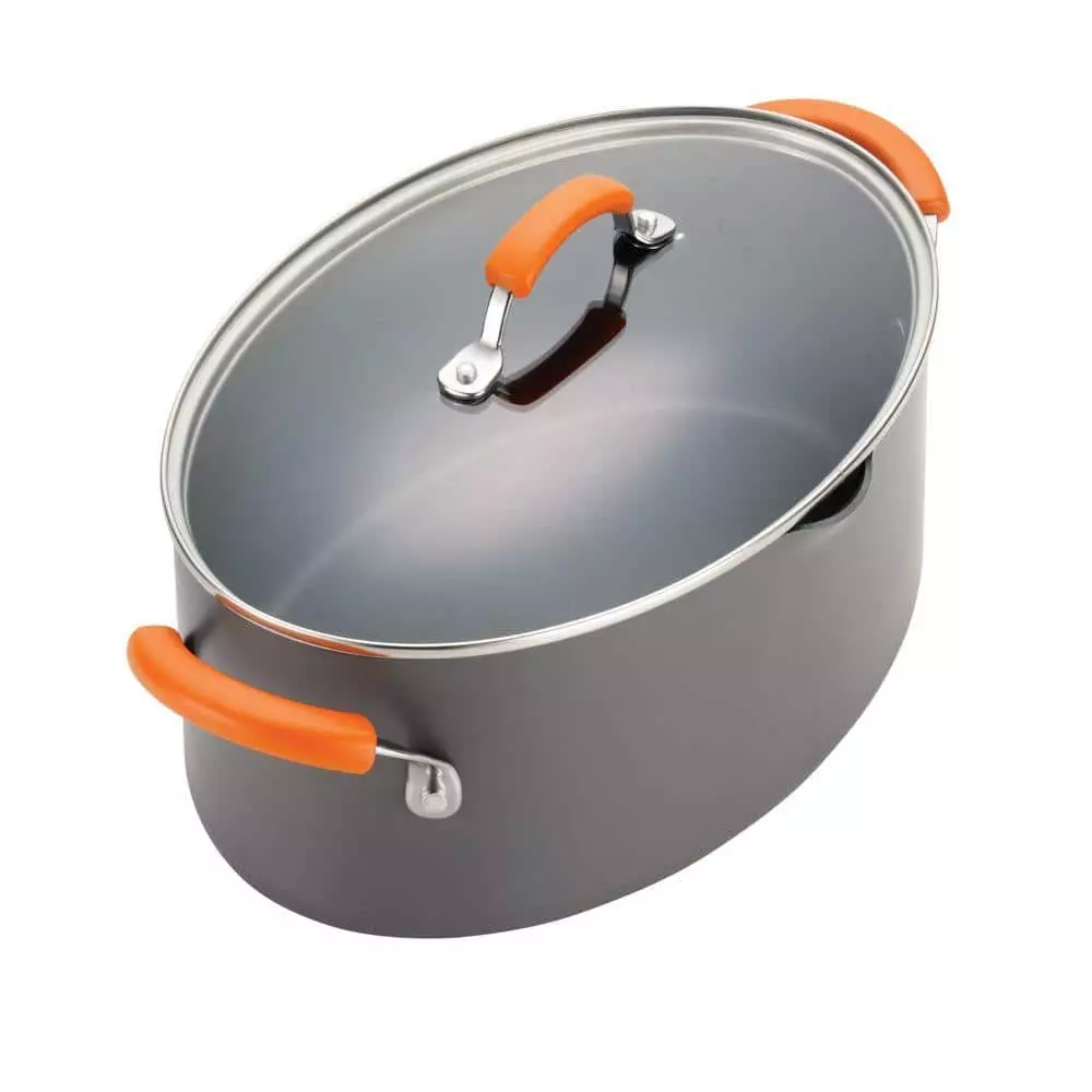 Classic Brights 8 qt. Hard-Anodized Aluminum Nonstick Stock Pot in Orange and Gray with Glass Lid by Rachael Ray 4 Classic Brights 8 qt. Hard-Anodized Aluminum Nonstick Stock Pot in Orange and Gray with Glass Lid by Rachael Ray - Image 2