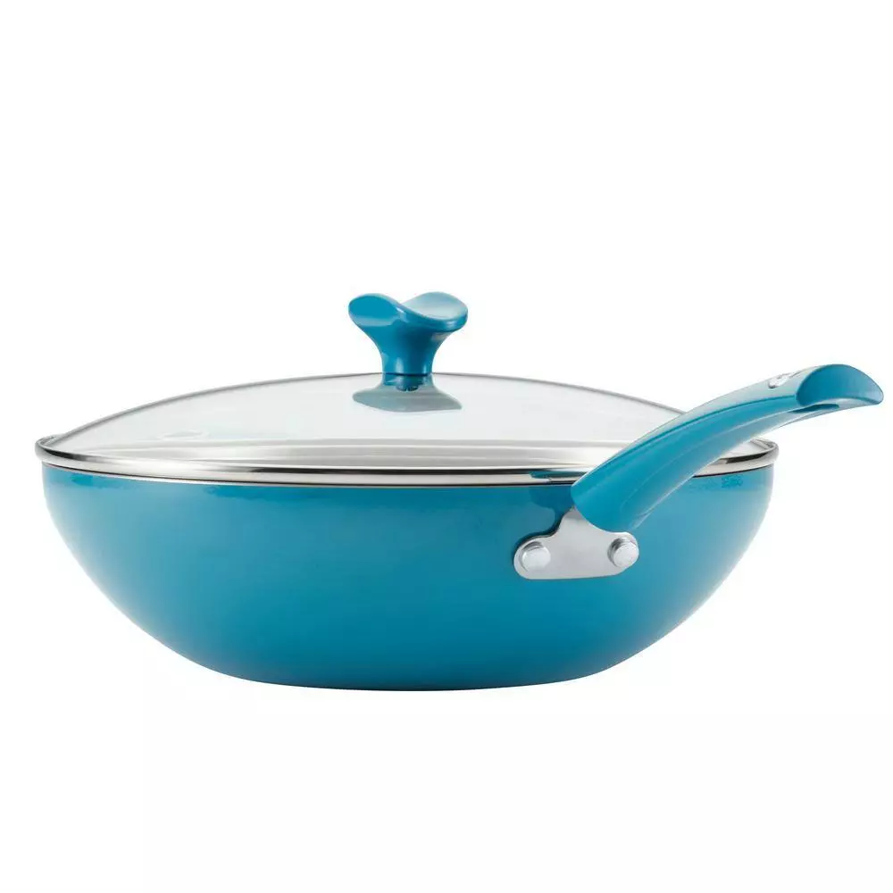 11 in. Turquoise Cityscapes Porcelain Enamel Nonstick Covered Stir Fry Pan by Rachael Ray 4 11 in. Turquoise Cityscapes Porcelain Enamel Nonstick Covered Stir Fry Pan by Rachael Ray - Image 2