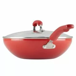Classic Brights 11 in. Aluminum Nonstick Stir Fry Pan in Red Gradient with Glass Lid by Rachael Ray -Cookware Sales Shop rachael ray woks stir fry pans 17649 66 1000