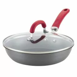 Create Delicious 10.25 in. Hard-Anodized Aluminum Nonstick Skillet in Red and Gray with Glass Lid by Rachael Ray