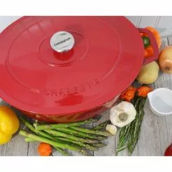 French Enameled 7.25 qt. Oval Cast Iron Dutch Oven in Red with Lid by Chasseur -Cookware Sales Shop red chasseur dutch ovens ci 3733 rd ci 108 44 1000