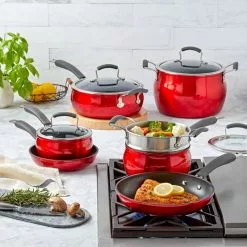 Translucent 11-Piece Hard-Anodized Aluminum Nonstick Cookware Set in Red by Epicurious 16 Translucent 11-Piece Hard-Anodized Aluminum Nonstick Cookware Set in Red by Epicurious -Cookware Sales Shop red epicurious pot pan sets epi u3550 ec fa 1000