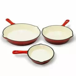 3-Piece Cast Iron Skillet Set with Red Enamel Coating by ExcelSteel