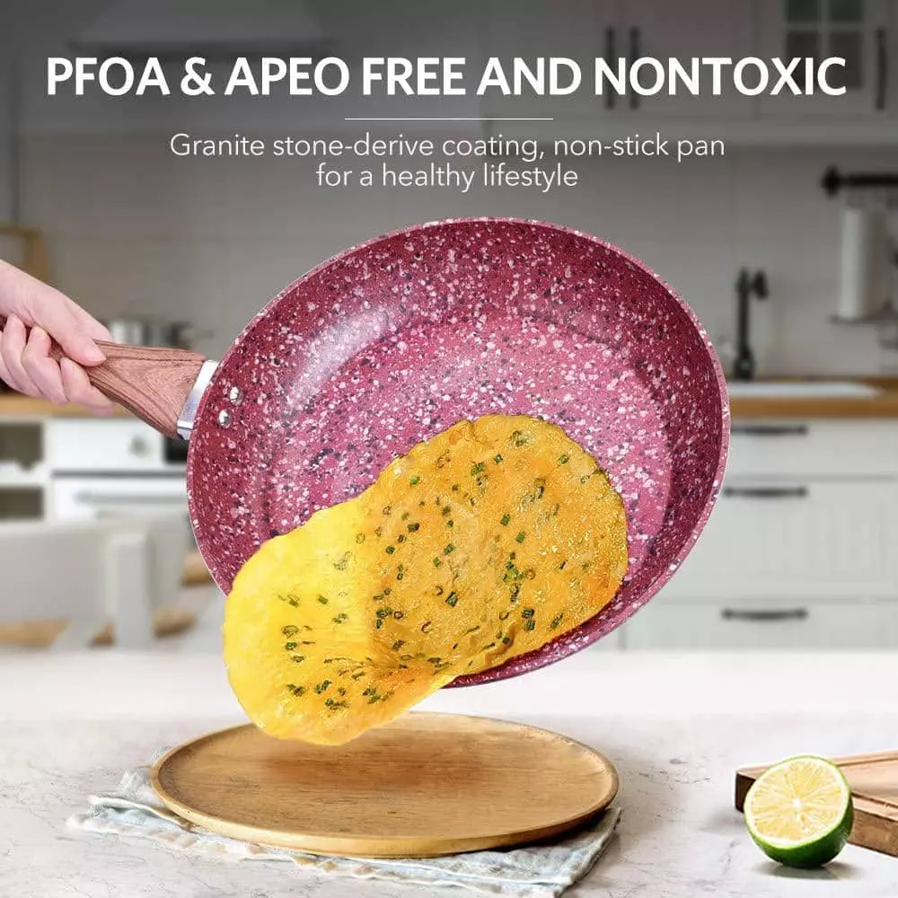 CSK 4-Pieces 10. in and 12. in Red Granite Aluminum Nonstick Induction Compatible Frying Pan Set with Lids by Unbranded 6 CSK 4-Pieces 10. in and 12. in Red Granite Aluminum Nonstick Induction Compatible Frying Pan Set with Lids by Unbranded - Image 4