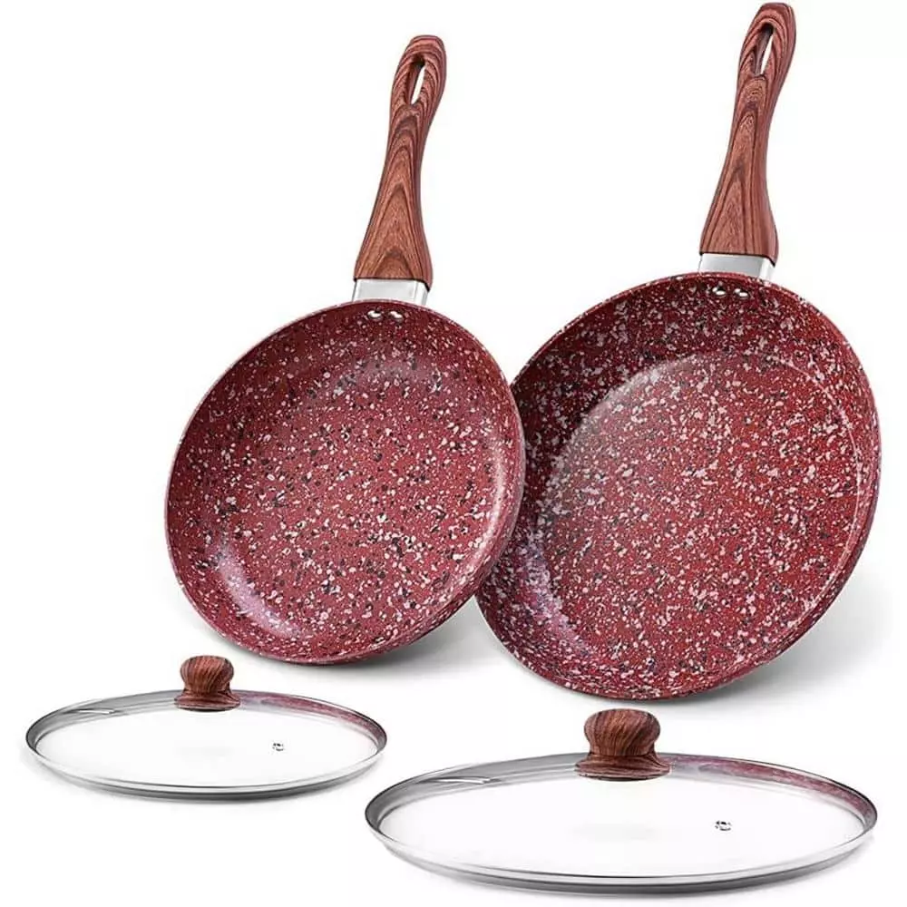 CSK 4-Pieces 10. in and 12. in Red Granite Aluminum Nonstick Induction Compatible Frying Pan Set with Lids by Unbranded 3 CSK 4-Pieces 10. in and 12. in Red Granite Aluminum Nonstick Induction Compatible Frying Pan Set with Lids by Unbranded