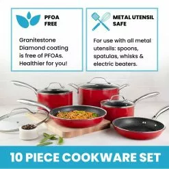 10-Piece Aluminum Red Ultra-Durable Non-Stick Diamond Infused Cookware Set with Glass Lids by GRANITESTONE 11 10-Piece Aluminum Red Ultra-Durable Non-Stick Diamond Infused Cookware Set with Glass Lids by GRANITESTONE -Cookware Sales Shop red granitestone pot pan sets 7208 1f 1000