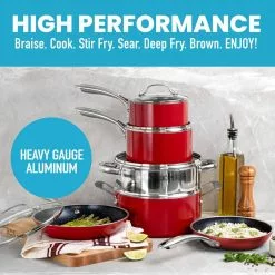 10-Piece Aluminum Red Ultra-Durable Non-Stick Diamond Infused Cookware Set with Glass Lids by GRANITESTONE 12 10-Piece Aluminum Red Ultra-Durable Non-Stick Diamond Infused Cookware Set with Glass Lids by GRANITESTONE -Cookware Sales Shop red granitestone pot pan sets 7208 44 1000