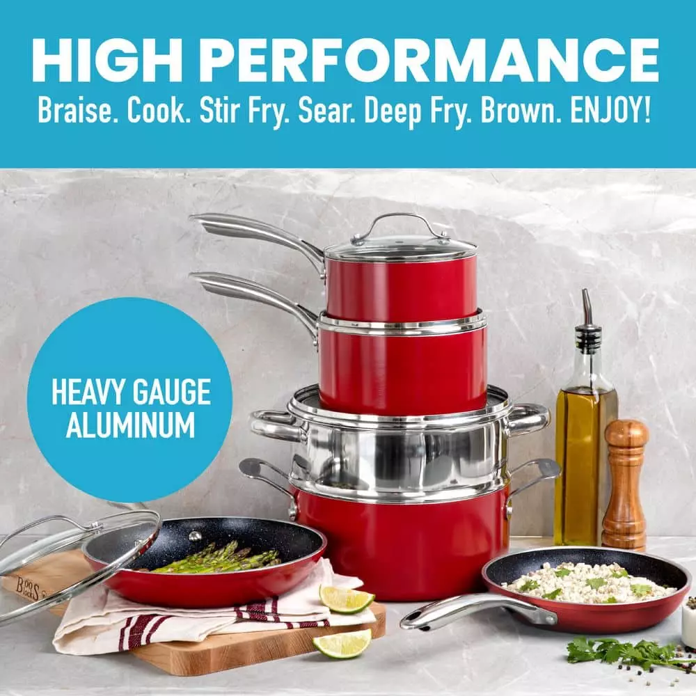 10-Piece Aluminum Red Ultra-Durable Non-Stick Diamond Infused Cookware Set with Glass Lids by GRANITESTONE 7 10-Piece Aluminum Red Ultra-Durable Non-Stick Diamond Infused Cookware Set with Glass Lids by GRANITESTONE - Image 5