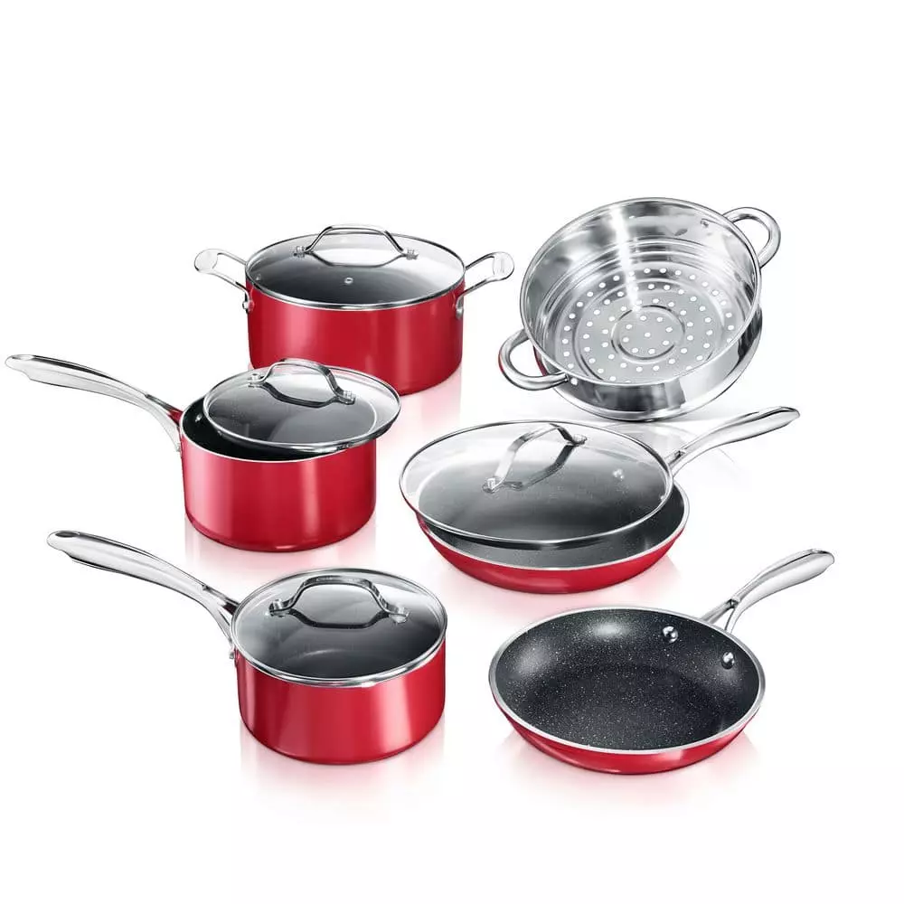 10-Piece Aluminum Red Ultra-Durable Non-Stick Diamond Infused Cookware Set with Glass Lids by GRANITESTONE 3 10-Piece Aluminum Red Ultra-Durable Non-Stick Diamond Infused Cookware Set with Glass Lids by GRANITESTONE