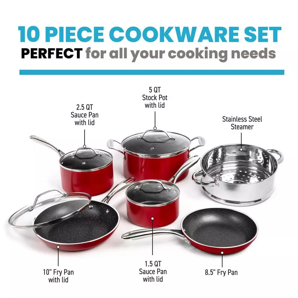 10-Piece Aluminum Red Ultra-Durable Non-Stick Diamond Infused Cookware Set with Glass Lids by GRANITESTONE 4 10-Piece Aluminum Red Ultra-Durable Non-Stick Diamond Infused Cookware Set with Glass Lids by GRANITESTONE - Image 2