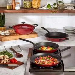 5 Piece Lite Cast Iron Non-Stick Cookware Set in Fired Brick Red by Mason Craft and More -Cookware Sales Shop red mason craft and more pot pan sets ttu v1615 ecm 31 1000