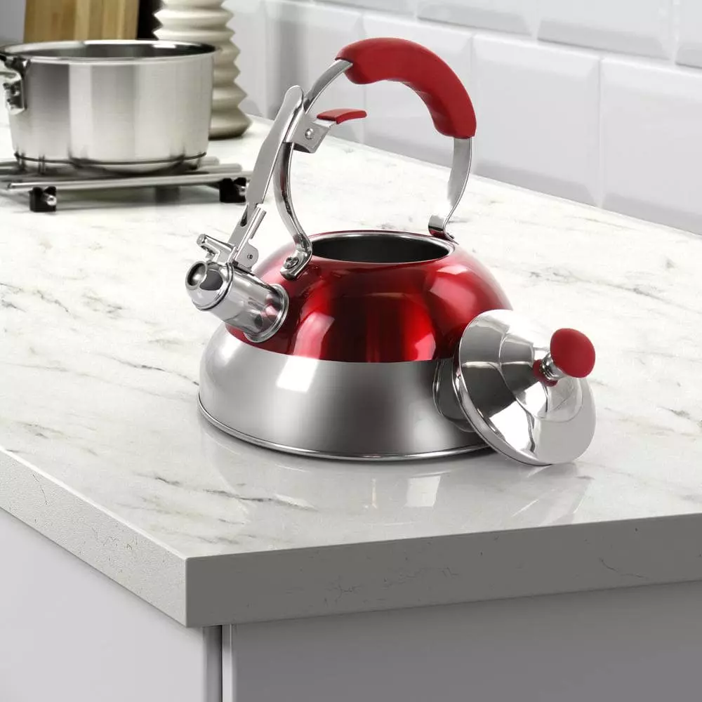 12-Cup Red Stainless Steel Whistling Kettle by MegaChef 6 12-Cup Red Stainless Steel Whistling Kettle by MegaChef - Image 4