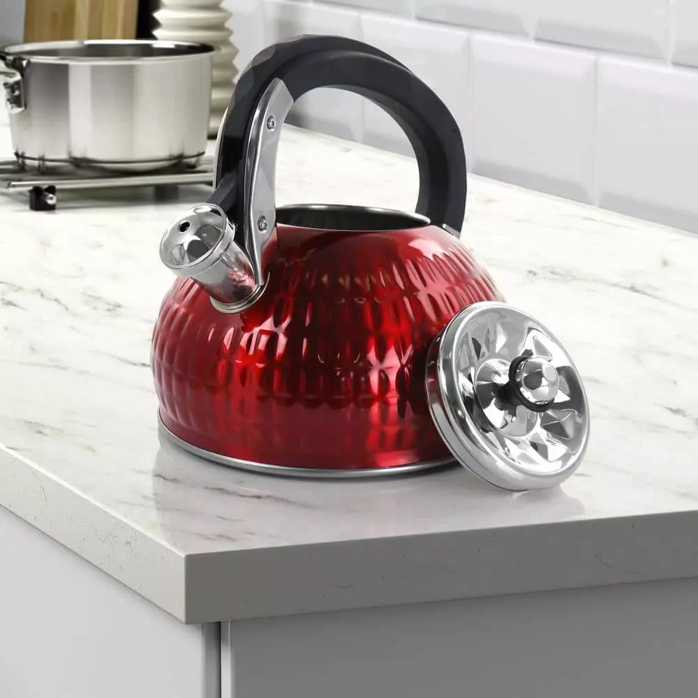 12-Cup Red Stainless Steel Whistling Kettle by MegaChef 6 12-Cup Red Stainless Steel Whistling Kettle by MegaChef - Image 4