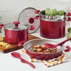 Create Delicious Stackable 8-Piece Aluminum Nonstick Cookware Set in Red Shimmer by Rachael Ray -Cookware Sales Shop red shimmer rachael ray pot pan sets 12166 31 1000