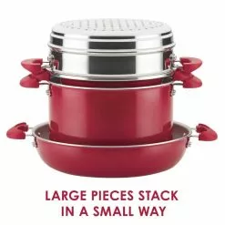 Create Delicious Stackable 8-Piece Aluminum Nonstick Cookware Set in Red Shimmer by Rachael Ray -Cookware Sales Shop red shimmer rachael ray pot pan sets 12166 4f 1000