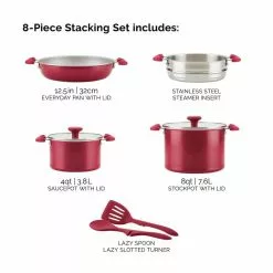 Create Delicious Stackable 8-Piece Aluminum Nonstick Cookware Set in Red Shimmer by Rachael Ray -Cookware Sales Shop red shimmer rachael ray pot pan sets 12166 fa 1000