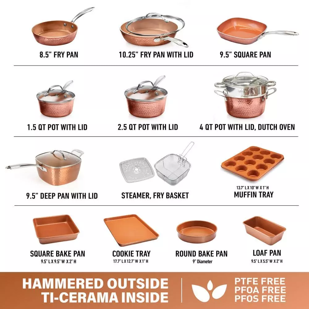 Hammered Copper 20-Piece Aluminum Non-Stick Cookware and Bakeware Set by Gotham Steel 5 Hammered Copper 20-Piece Aluminum Non-Stick Cookware and Bakeware Set by Gotham Steel - Image 3