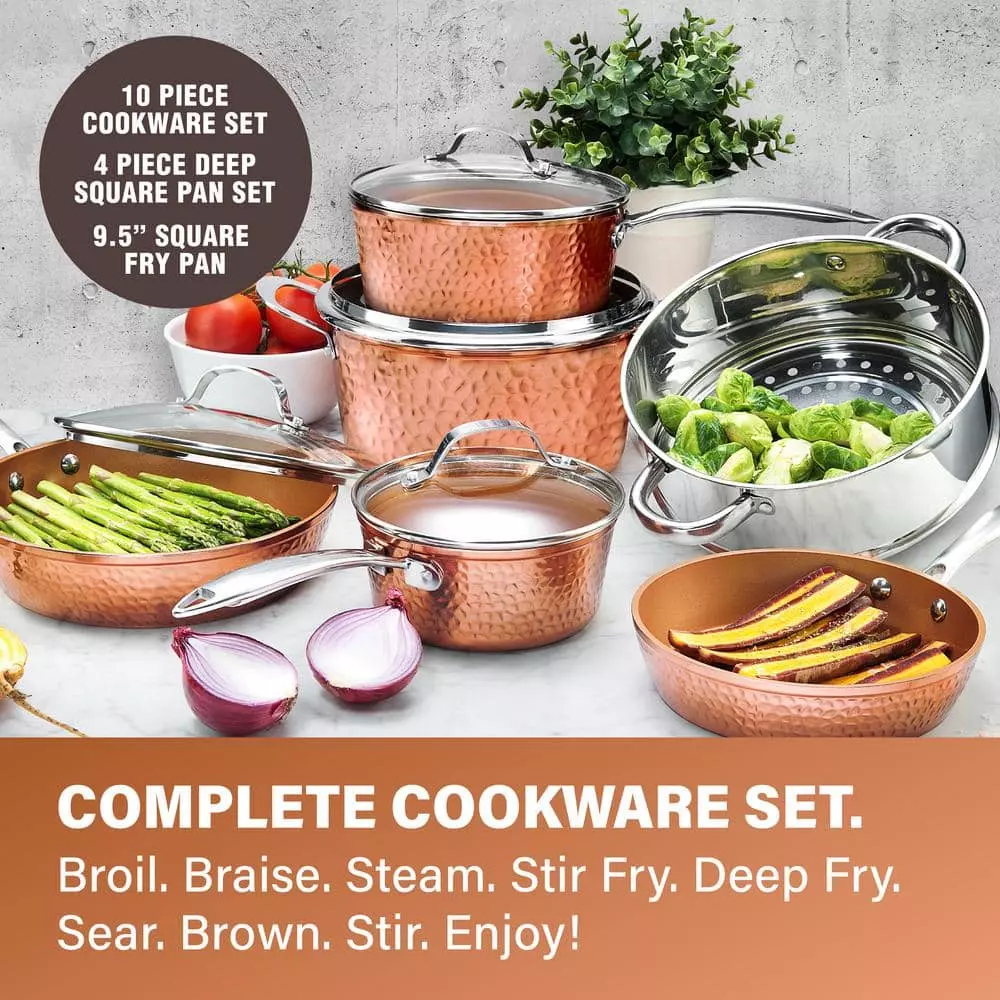 Hammered Copper 20-Piece Aluminum Non-Stick Cookware and Bakeware Set by Gotham Steel 4 Hammered Copper 20-Piece Aluminum Non-Stick Cookware and Bakeware Set by Gotham Steel - Image 2