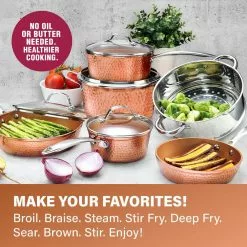 Hammered Copper 10-Piece Aluminum Non-Stick Cookware Set with Glass Lids by Gotham Steel -Cookware Sales Shop rose copper gotham steel skillets 2304 44 1000