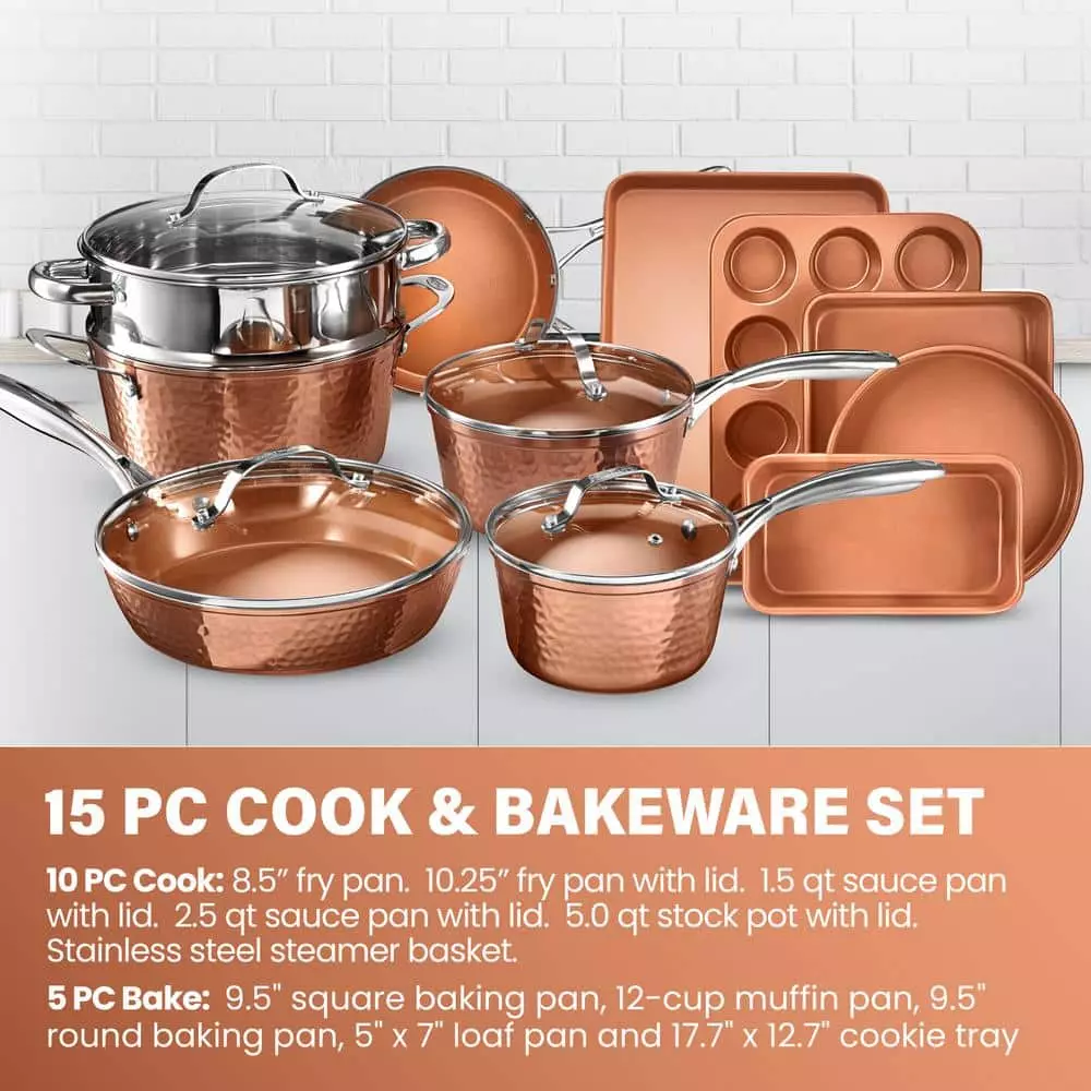 Hammered Copper 15-Piece Aluminum Non-Stick Cookware Set and Bakeware Set by Gotham Steel 4 Hammered Copper 15-Piece Aluminum Non-Stick Cookware Set and Bakeware Set by Gotham Steel - Image 2