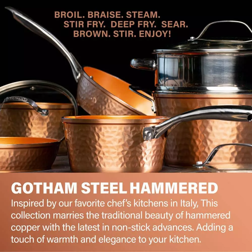 Hammered Copper 14 in. Aluminum Non-Stick XL Family Frying Pan with Glass Lid by Gotham Steel 5 Hammered Copper 14 in. Aluminum Non-Stick XL Family Frying Pan with Glass Lid by Gotham Steel - Image 3