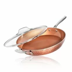 Hammered Copper 14 in. Aluminum Non-Stick XL Family Frying Pan with Glass Lid by Gotham Steel