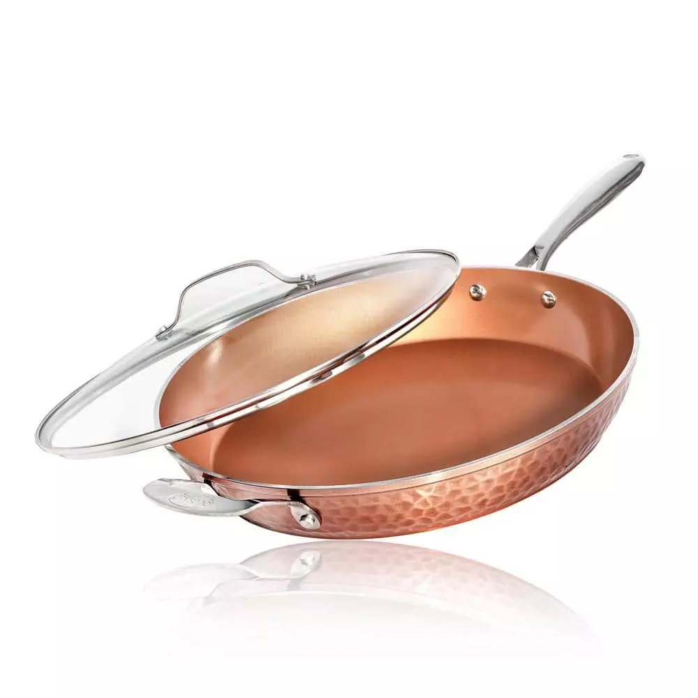 Hammered Copper 14 in. Aluminum Non-Stick XL Family Frying Pan with Glass Lid by Gotham Steel 3 Hammered Copper 14 in. Aluminum Non-Stick XL Family Frying Pan with Glass Lid by Gotham Steel