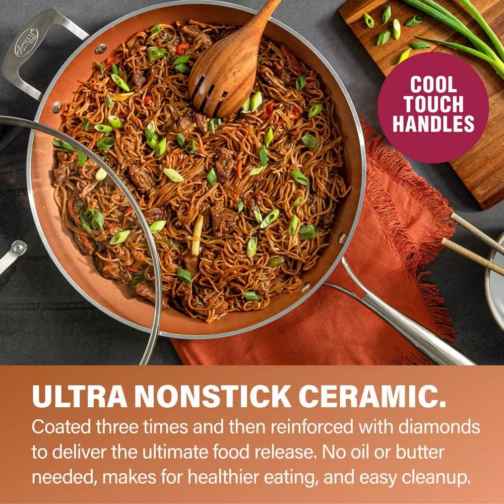 Hammered Copper 14 in. Aluminum Non-Stick XL Family Frying Pan with Glass Lid by Gotham Steel 4 Hammered Copper 14 in. Aluminum Non-Stick XL Family Frying Pan with Glass Lid by Gotham Steel - Image 2