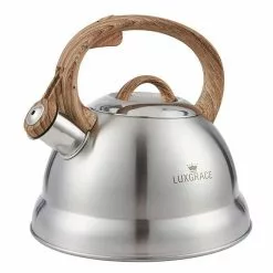 2.3 Qt. Satin Finish Stainless Steel Whistling Tea Kettle Teapot with Ergonomic Wood Rubber Touching Handle by Creative Home