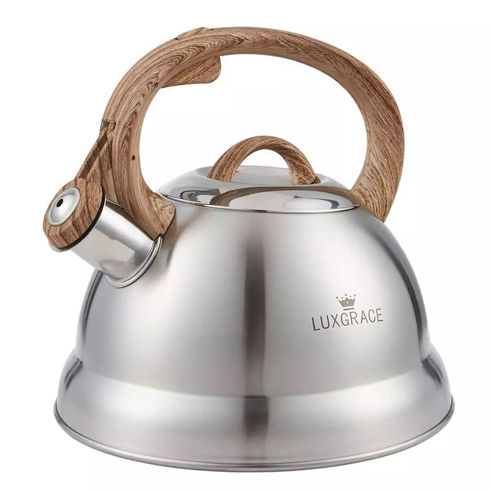 2.3 Qt. Satin Finish Stainless Steel Whistling Tea Kettle Teapot with Ergonomic Wood Rubber Touching Handle by Creative Home 3 2.3 Qt. Satin Finish Stainless Steel Whistling Tea Kettle Teapot with Ergonomic Wood Rubber Touching Handle by Creative Home