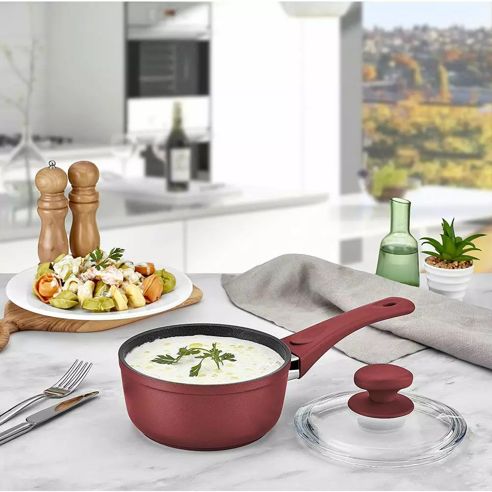 1.5 qt. Titanium coated Aluminum Non-Stick Sauce Pan in Red with Glass Lid by CONTEXT 4 1.5 qt. Titanium coated Aluminum Non-Stick Sauce Pan in Red with Glass Lid by CONTEXT - Image 2