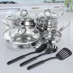 Ancona 12-Piece Stainless Steel Belly Shaped Cookware Set with Kitchen Tools by Gibson Home -Cookware Sales Shop silver gibson home pot pan sets 985114958m 31 1000
