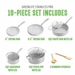 10-Piece Stainless Steel Pro Cookware Set by GreenLife -Cookware Sales Shop silver greenlife pot pan sets cc005551 001 fa 1000