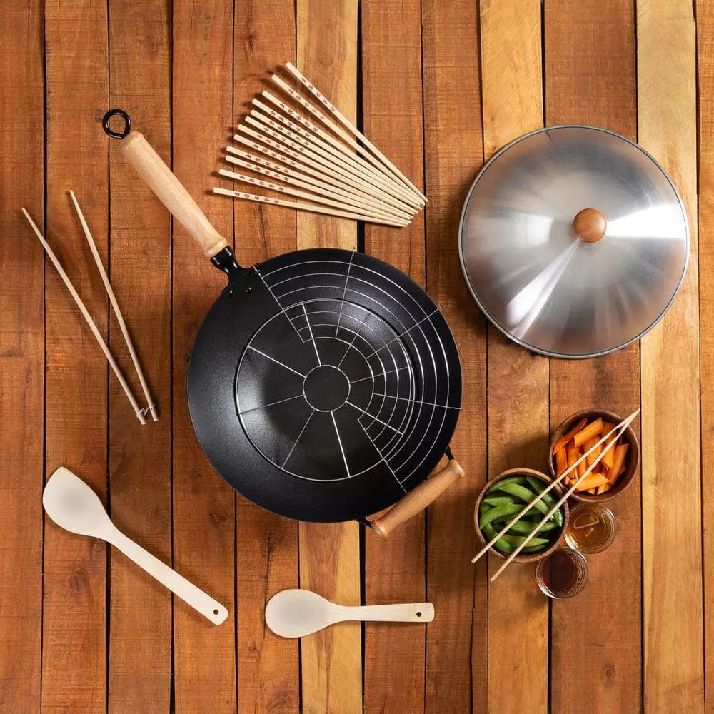 Joyce Chen 10-Piece Set 14 in. Silver Steel Non-Stick Wok, Lid, 2-Racks, Paddle, 12 in. Spatula, 12 in. Tongs & More by Honey-Can-Do 11 Joyce Chen 10-Piece Set 14 in. Silver Steel Non-Stick Wok, Lid, 2-Racks, Paddle, 12 in. Spatula, 12 in. Tongs & More by Honey-Can-Do - Image 9