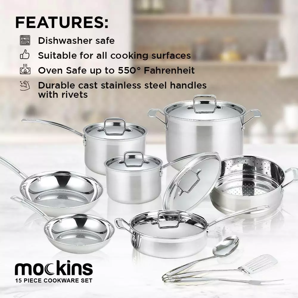 15-Piece Premium Grade Stainless Steel Cookware Set with Lids by Mockins 4 15-Piece Premium Grade Stainless Steel Cookware Set with Lids by Mockins - Image 2